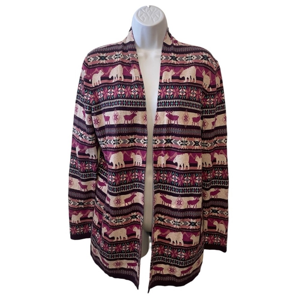 Lands End Womens Cardigan Sweater Size S Animals Bears Reindeer Fair Isle